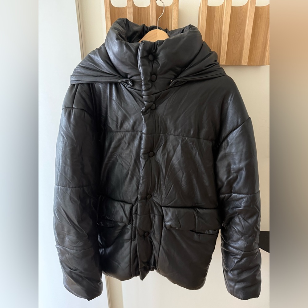 Nanushka Black Leather Quilted Jacket with Paisley Detail